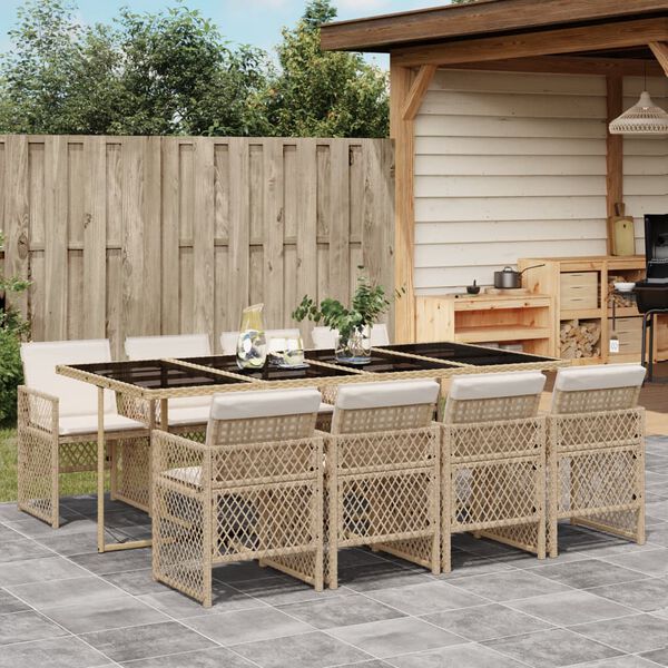 vidaXL 9-tlg. Garten-Essgruppe mit Kissen Beige Poly Rattan