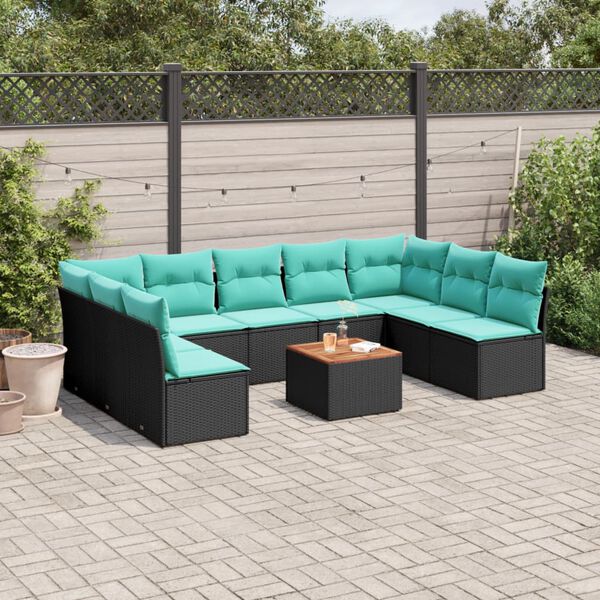 vidaXL 10-tlg. Garten-Sofagarnitur mit Kissen Schwarz Poly Rattan