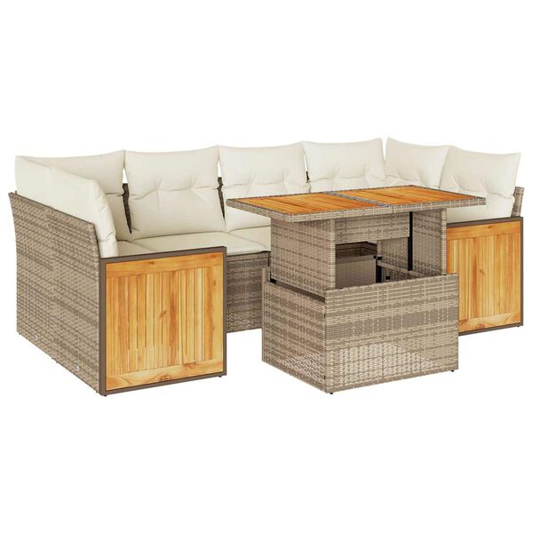vidaXL 7-tlg. Garten-Sofagarnitur mit Kissen Beige Poly Rattan Akazie