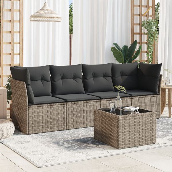 vidaXL 5-tlg. Garten-Sofagarnitur mit Kissen Grau Poly Rattan