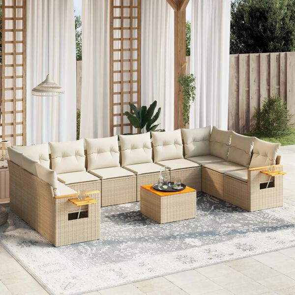 vidaXL 11-tlg. Garten-Sofagarnitur mit Kissen Beige Poly Rattan