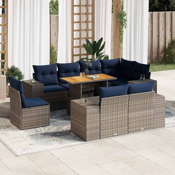 vidaXL 9-tlg. Garten-Sofagarnitur mit Kissen Grau Poly Rattan