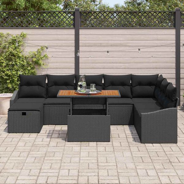 vidaXL Garten-Sofa-Set mit Kissen 9 pcs Schwarz Poly Rattan