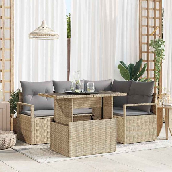 vidaXL Garten-Sofa-Set mit Kissen 5 pcs Beige und Hellgrau Poly-Rattan