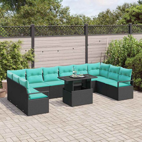 vidaXL Garten-Sofa-Set mit Kissen 11 pcs Schwarz und Blau Poly-Rattan