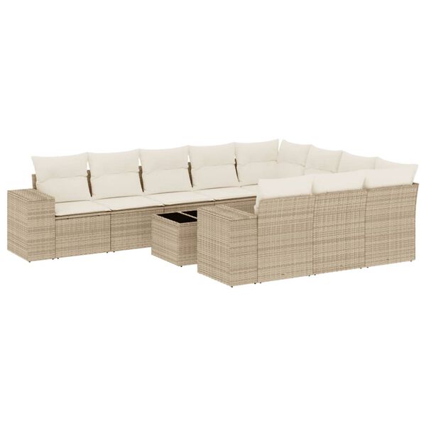 vidaXL 11-tlg. Garten-Sofagarnitur mit Kissen Beige Poly Rattan