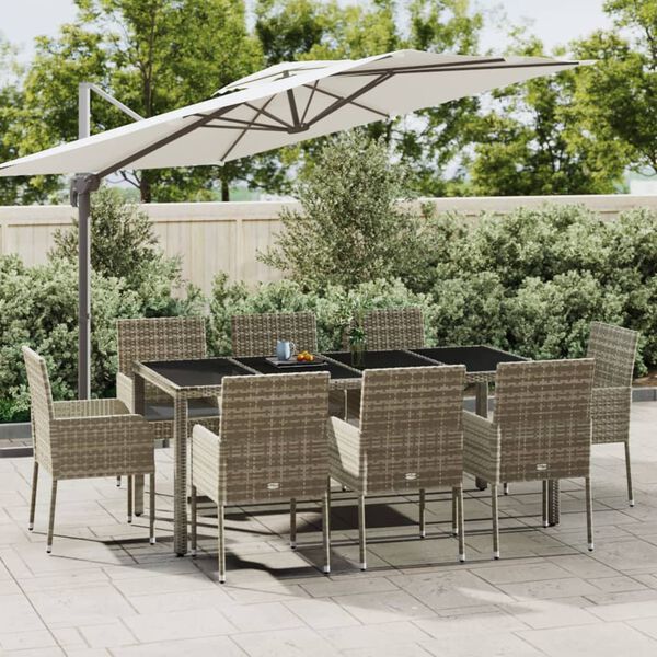 vidaXL 9-tlg. Garten-Essgruppe mit Kissen Grau Poly Rattan