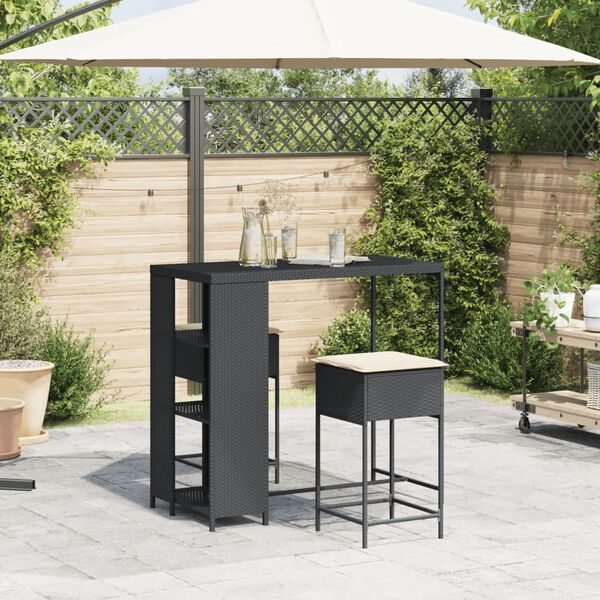 vidaXL 3-tlg. Gartenbar-Set mit Kissen Schwarz Poly Rattan