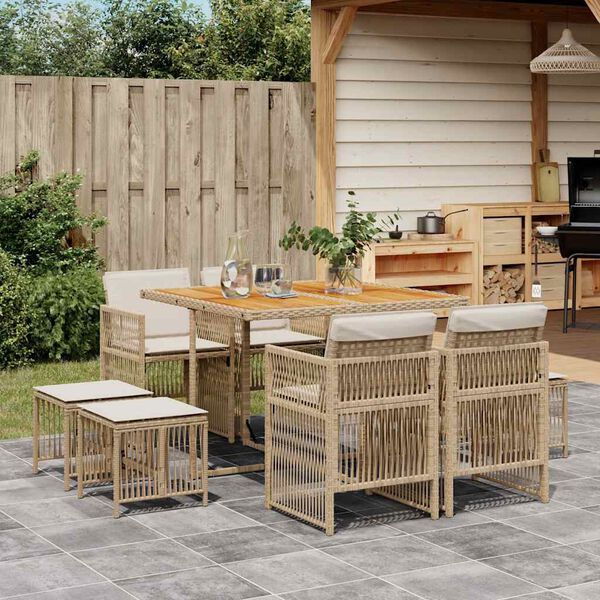 vidaXL 9-tlg. Garten-Essgruppe mit Kissen Beige Poly Rattan