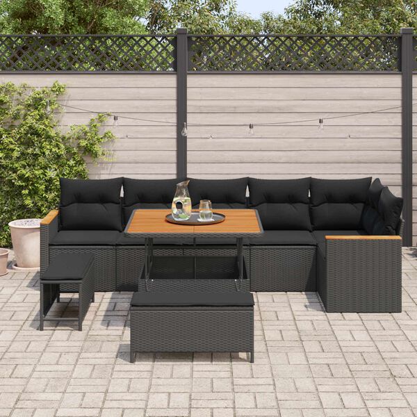 vidaXL Gartensofa-set mit Kissen 9 pcs Schwarz Poly Rattan