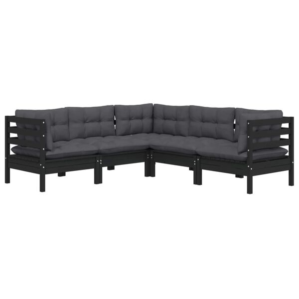 vidaXL 5-tlg. Garten-Lounge-Set mit Kissen Schwarz Kiefer Massivholz