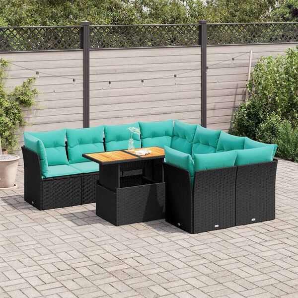 vidaXL 9-tlg. Garten-Sofagarnitur mit Kissen Schwarz Poly Rattan