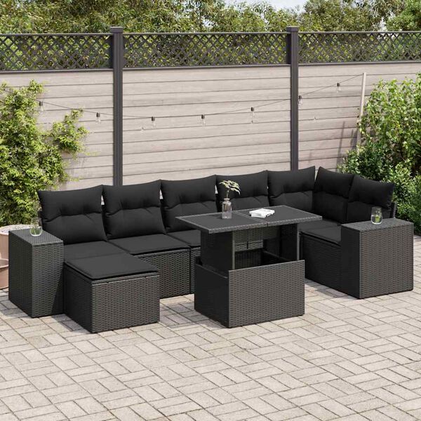 vidaXL 8-tlg. Garten-Sofagarnitur mit Kissen Schwarz Poly Rattan