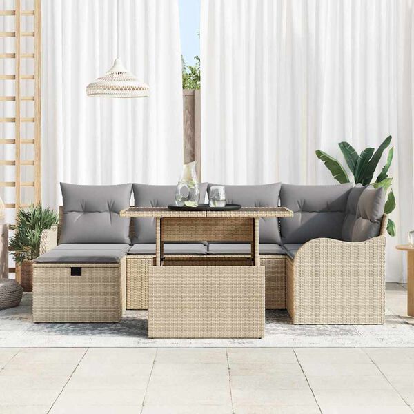 vidaXL Garten-Sofa-Set mit Kissen mit Speicher 7 pcs Beige Poly Rattan