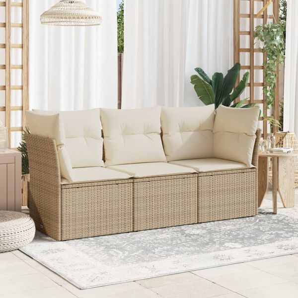 vidaXL 3-tlg. Garten-Sofagarnitur mit Kissen Beige Poly Rattan