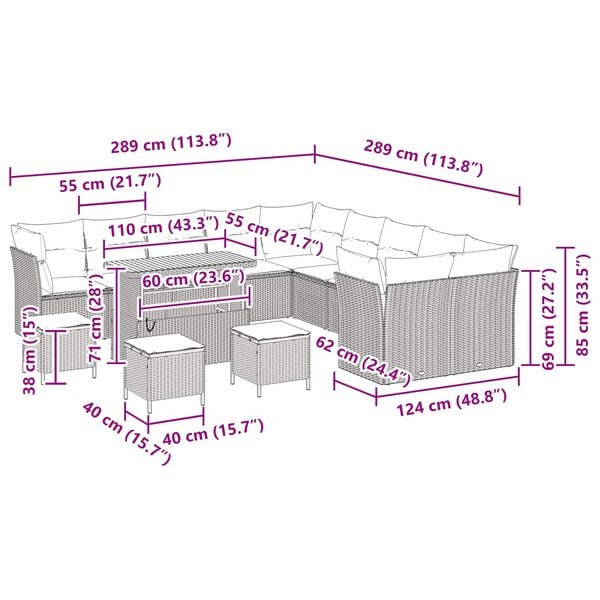 vidaXL Gartensofa-set mit Kissen 14 pcs Schwarz Poly-Rattan