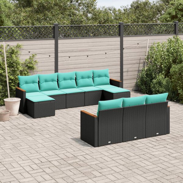 vidaXL 10-teiliges Gartensofa-Set mit Kissen, schwarzes Polyrattan