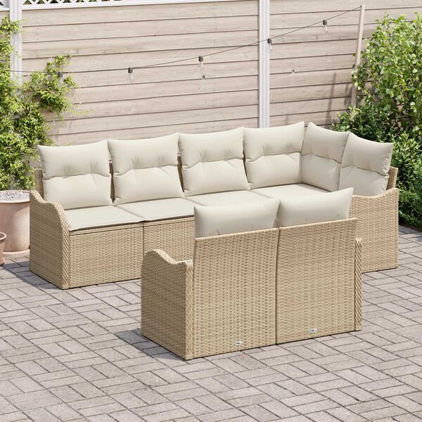 vidaXL Garten-Sofa-Set mit Kissen mit Speicher 7 pcs Beige Poly Rattan