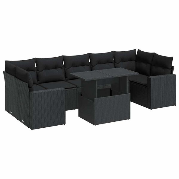 vidaXL 8-tlg. Garten-Sofagarnitur mit Kissen Schwarz Poly Rattan