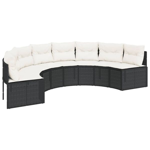 vidaXL Gartensofa mit Tisch und Kissen Halbrund Schwarz Poly-Rattan