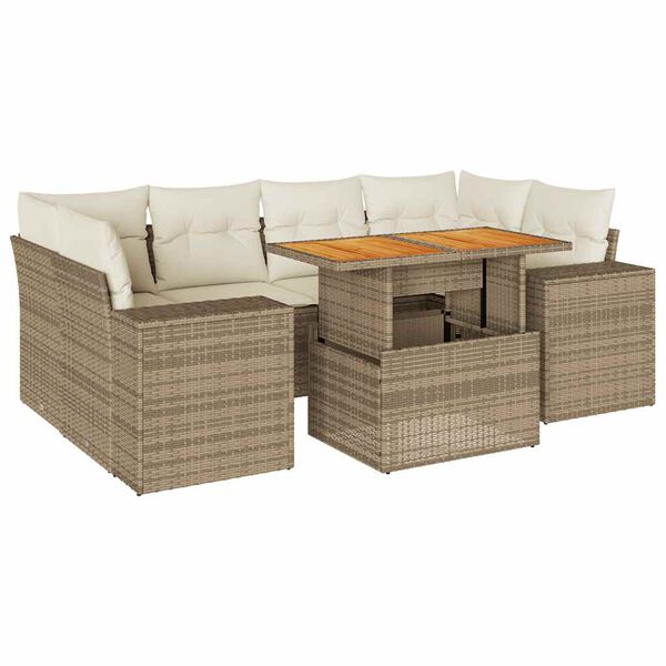 vidaXL 7-tlg. Garten-Sofagarnitur mit Kissen Beige Poly Rattan