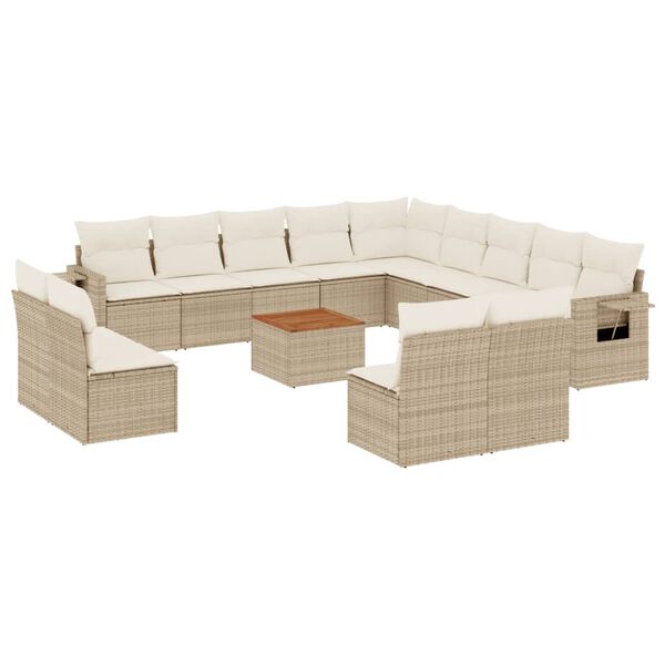 vidaXL 14-tlg. Garten-Sofagarnitur mit Kissen Beige Poly Rattan