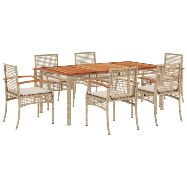 vidaXL 7-tlg. Garten-Essgruppe mit Kissen Beige Poly Rattan