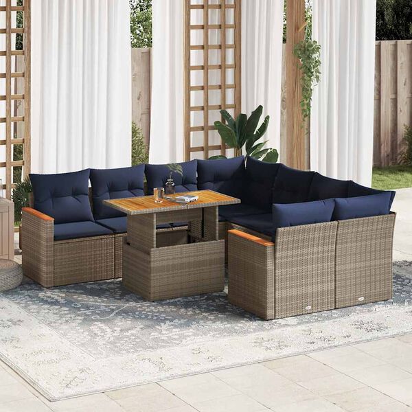 vidaXL 9-tlg. Garten-Sofagarnitur mit Kissen Grau Poly Rattan