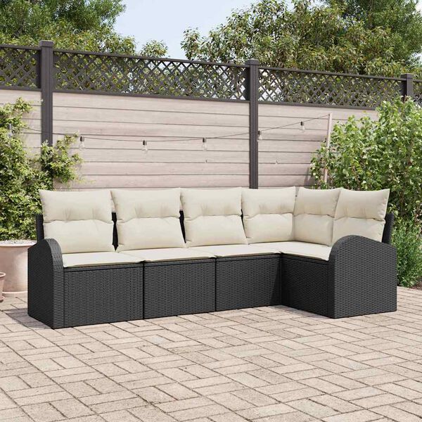 vidaXL Garten-Sofa-Set mit Kissen 5 pcs Schwarz und Weiß Poly Rattan