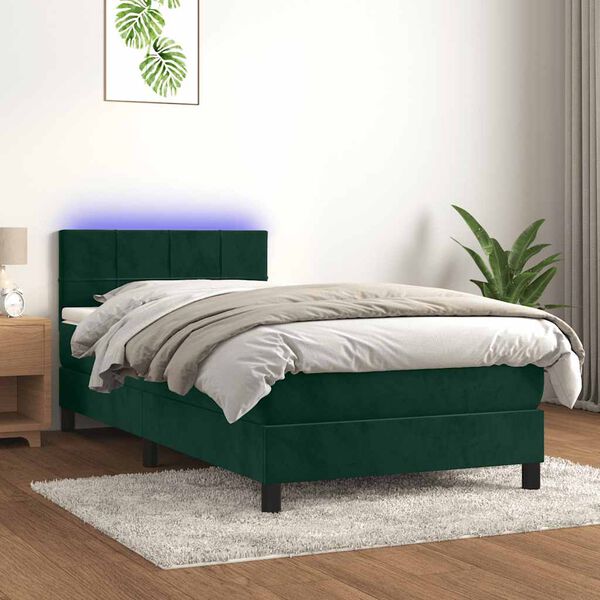 vidaXL Boxspringbett mit Matratze & LED Dunkelgr&uuml;n 90x190 cm Samt
