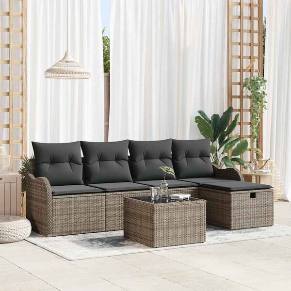 vidaXL Garten-Sofa-Set mit Kissen mit Speicher 6 pcs Grau Poly Rattan