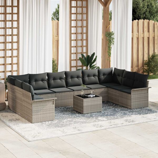 vidaXL Garten-Sofa-Set mit Kissen mit Speicher 11 pcs Grau Poly Rattan