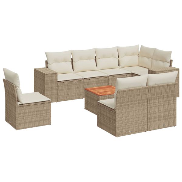 vidaXL 9-tlg. Garten-Sofagarnitur mit Kissen Beige Poly Rattan
