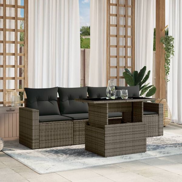 vidaXL 5-tlg. Garten-Sofagarnitur mit Kissen Grau Poly Rattan