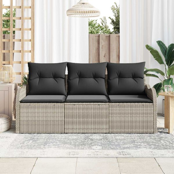 vidaXL Garten-Sofa-Set mit Kissen 3 pcs Hellgrau Poly Rattan