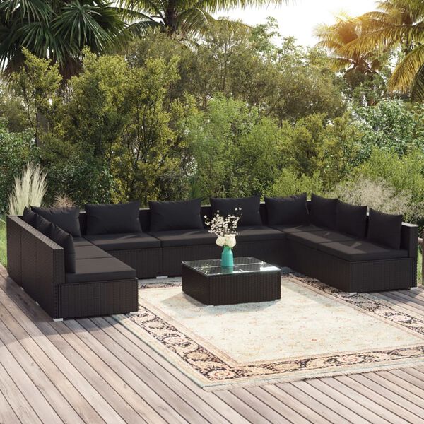 vidaXL 10-tlg. Garten-Lounge-Set mit Kissen Poly Rattan Schwarz