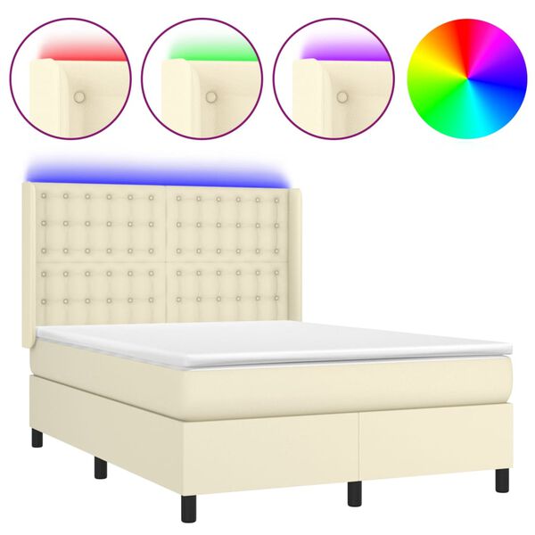 vidaXL Boxspringbett mit Matratze & LED Creme 140x190 cm Kunstleder