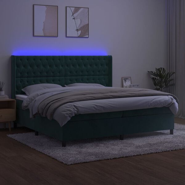 vidaXL Boxspringbett mit Matratze & LED Dunkelgr&uuml;n 200x200 cm Samt