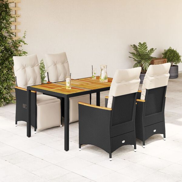 vidaXL 5-tlg. Garten-Bistro-Set mit Kissen Schwarz Poly Rattan