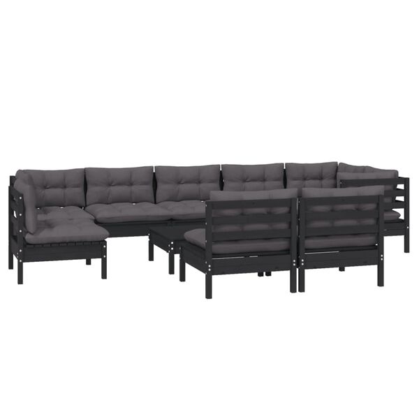 vidaXL 10-tlg. Garten-Lounge-Set mit Kissen Schwarz Massivholz Kiefer