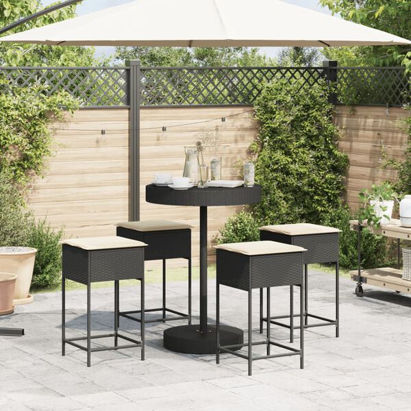 vidaXL 5-tlg. Gartenbar-Set mit Kissen Schwarz Poly Rattan