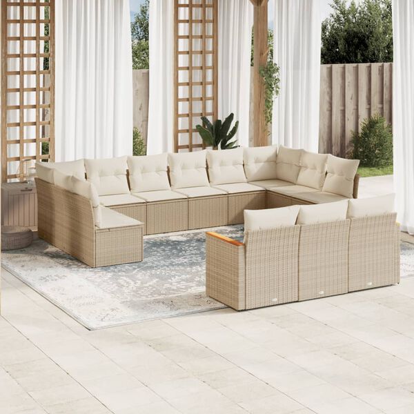 vidaXL 13-tlg. Garten-Sofagarnitur mit Kissen Beige Poly Rattan