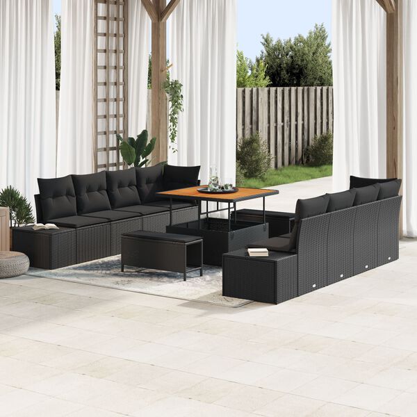 vidaXL Garten-Sofa-Set mit Kissen mit Speicher 11 pcs Schwarz