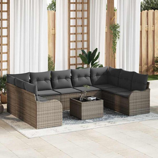 vidaXL Garten-Sofa-Set mit Kissen 10 pcs Grau Poly Rattan