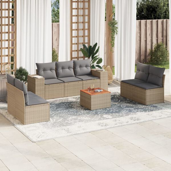 vidaXL 8-tlg. Garten-Sofagarnitur mit Kissen Beige Poly Rattan