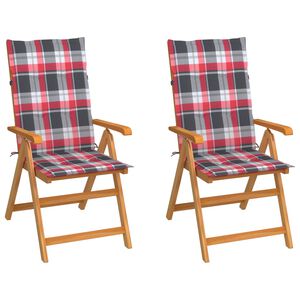 vidaXL Gartenst&uuml;hle 2 Stk. Rote Karomuster Kissen Massivholz Teak