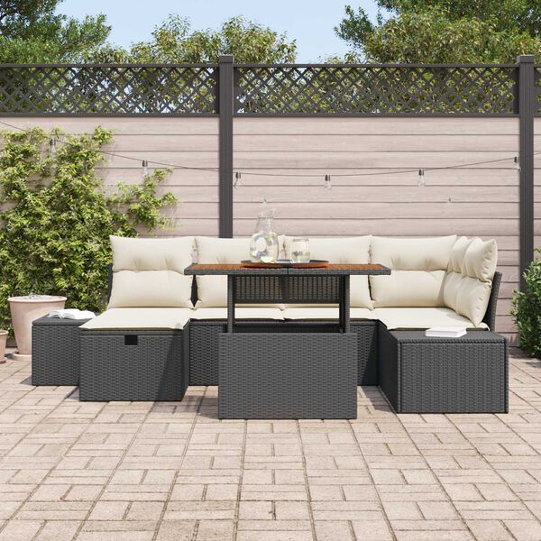 vidaXL Garten-Sofa-Set mit Kissen 7 pcs Schwarz Poly Rattan