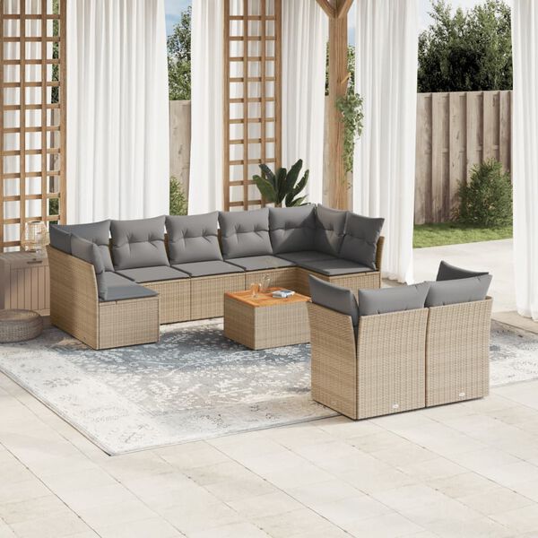 vidaXL 10-tlg. Garten-Sofagarnitur mit Kissen Beige Poly Rattan