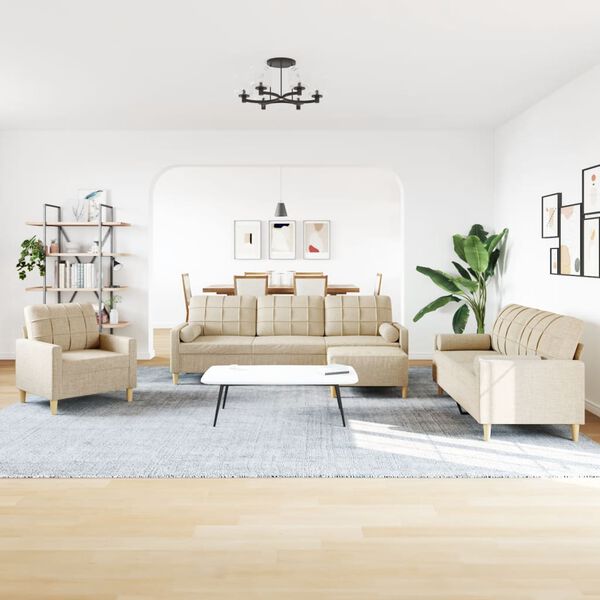 vidaXL 4-tlg. Sofagarnitur mit Fußhocker & Dekokissen Creme Stoff