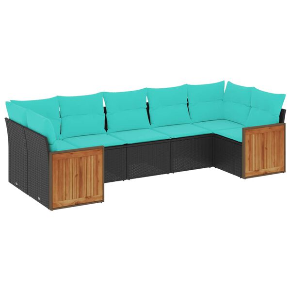 vidaXL 7-teiliges Gartensofa-Set mit Kissen, schwarzes Polyrattan
